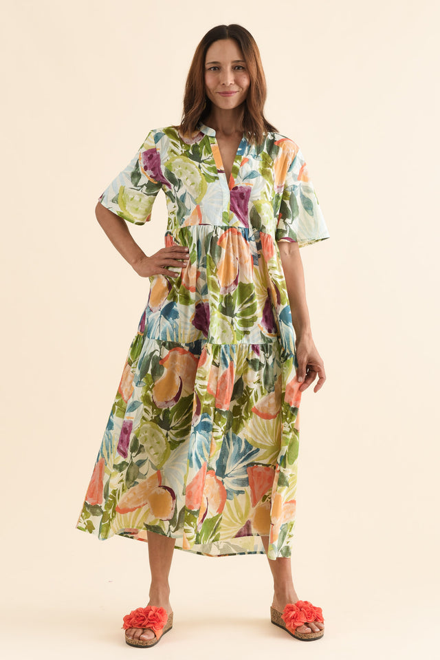 Jasira Yellow Fruity Cotton Tiered Dress image 1