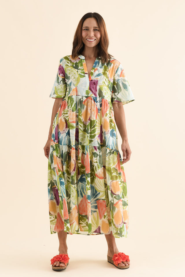 Jasira Yellow Fruity Cotton Tiered Dress image 2