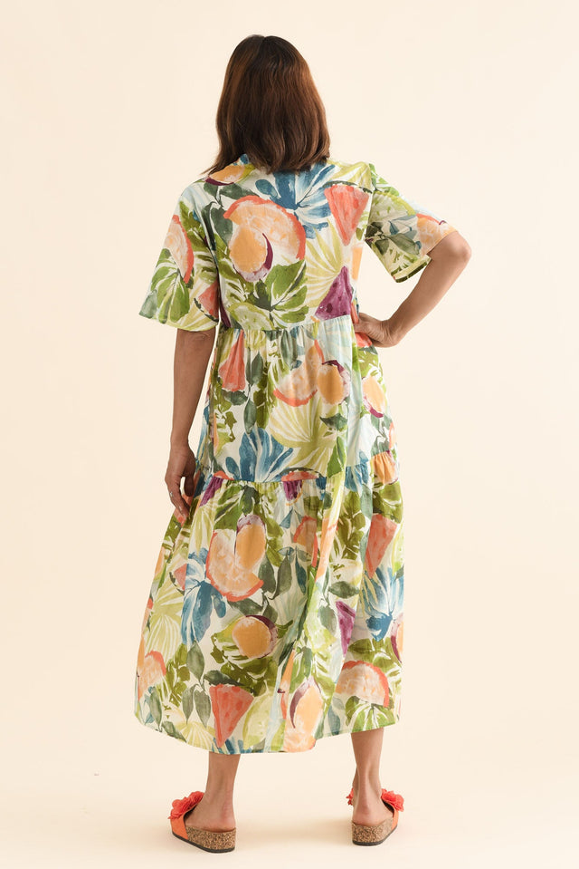 Jasira Yellow Fruity Cotton Tiered Dress,Back,Brunette model,alt text|model:Cara image 6