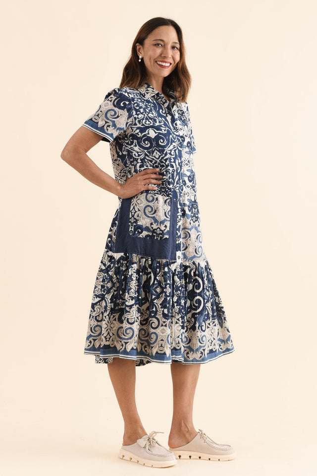 Jaslyn Navy Patchwork Cotton Shirt Dress,Side,Brunette model,alt text|model:Cara image 3