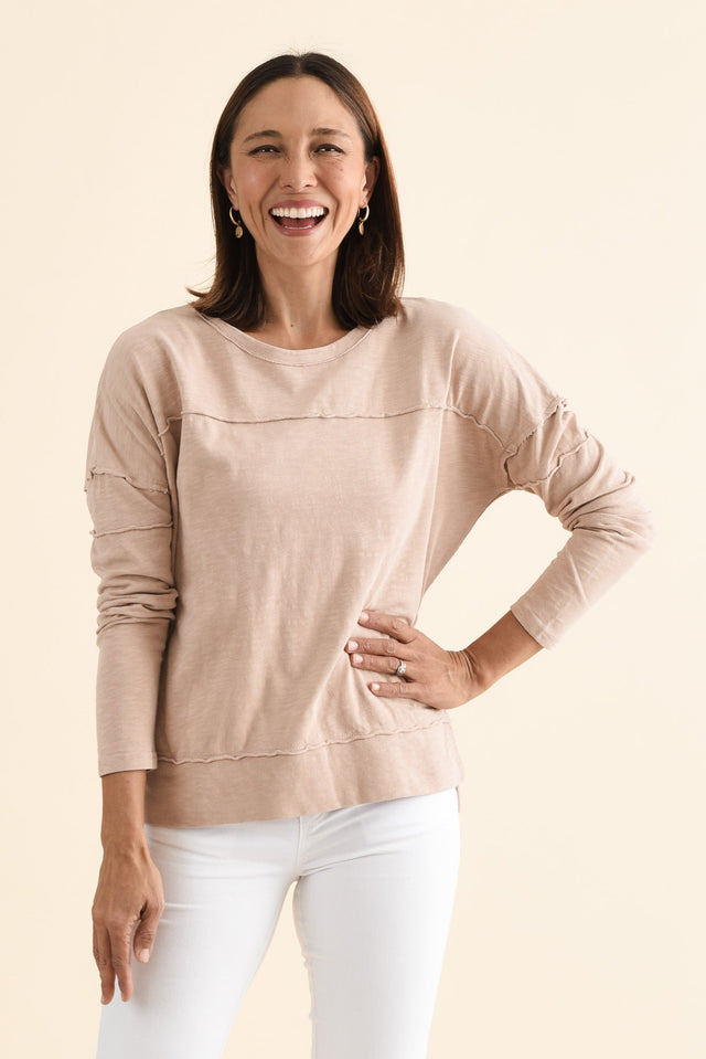 Jayne Beige Cotton Throw On Top,brunette model,Front of Outfit,alt text|model:Cara image 1