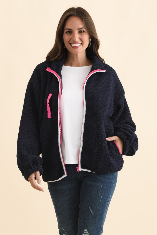 Jayne Navy Contrast Fleece Jacket,Brunette model,alt text|model:MJ image 1