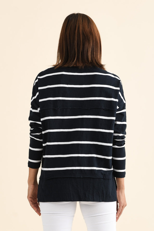 Jayne Navy Stripe Cotton Throw On Top,brunette model,Back of Outfit,alt text|model:Cara image 4