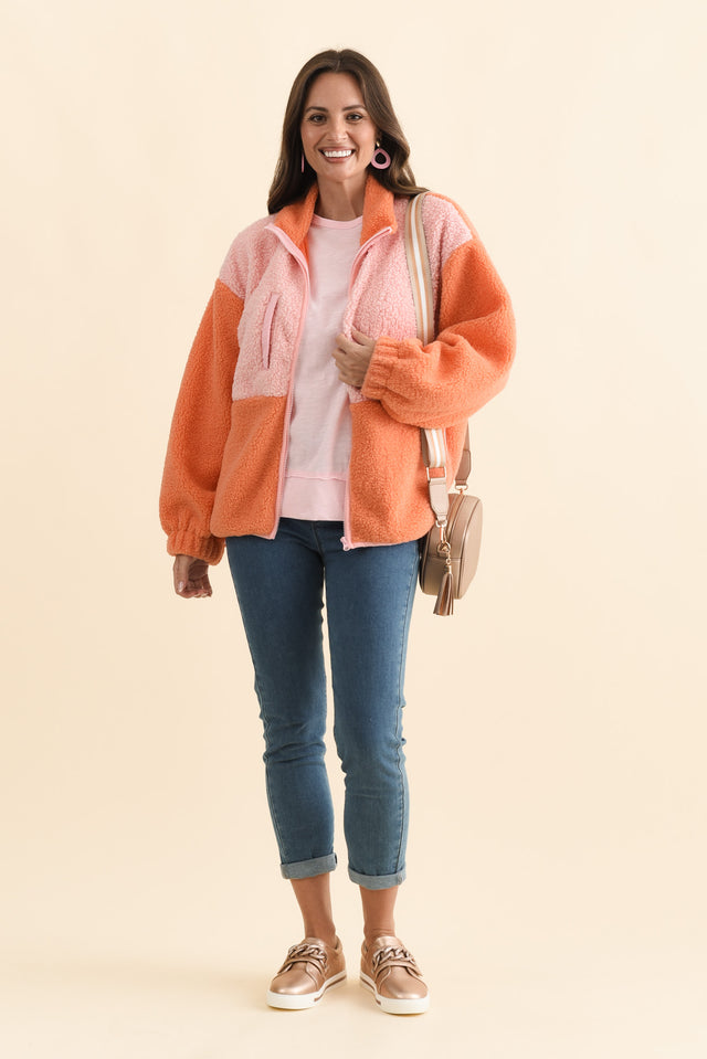 Jayne Orange Contrast Fleece Jacket,Brunette model,alt text|model:MJ image 4