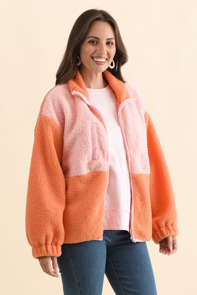 Jayne Orange Contrast Fleece Jacket,Brunette model,alt text|model:MJ image 5