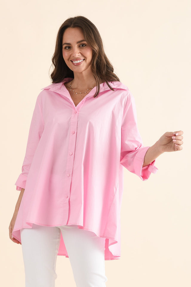 Jeanie Pink Cotton Pleated Shirt,Front,Brunette model,alt text|model:MJ image 1