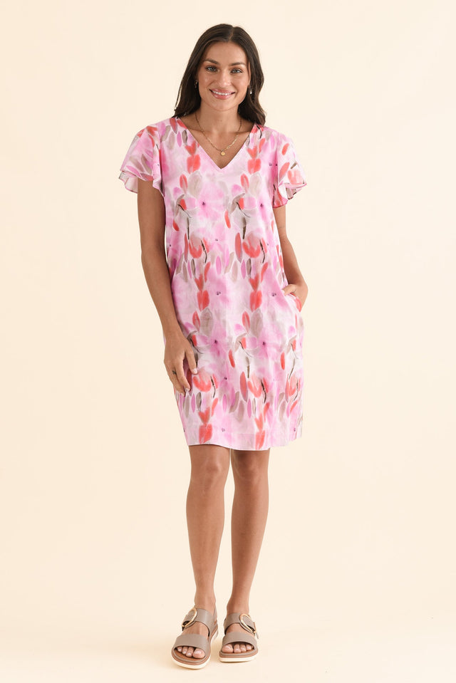 Jemma Pink Floral Cotton Ruffle Dress,Front,Brunette model,alt text|model:Brontie