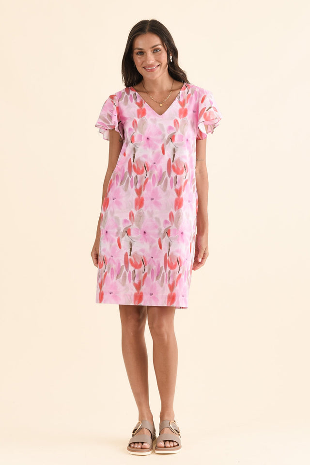 Jemma Pink Floral Cotton Ruffle Dress,Full Body,Brunette model,alt text|model:Brontie