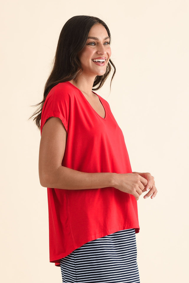 Jenner Red V Neck Tee,Side,Brunette model,alt text|model:Brontie image 4