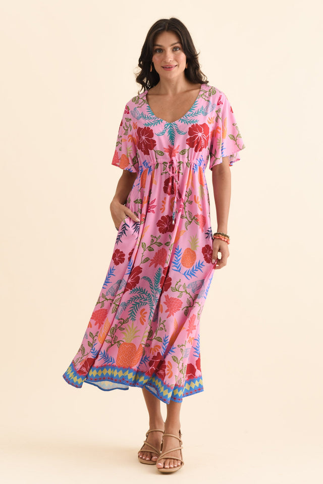 Jennifer Pink Tropical Flutter Sleeve Dress,Brunette model,alt text|model:Brontie image 8