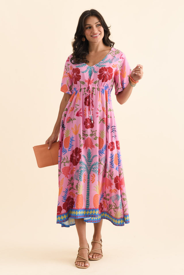 Jennifer Pink Tropical Flutter Sleeve Dress,Brunette model,alt text|model:Brontie