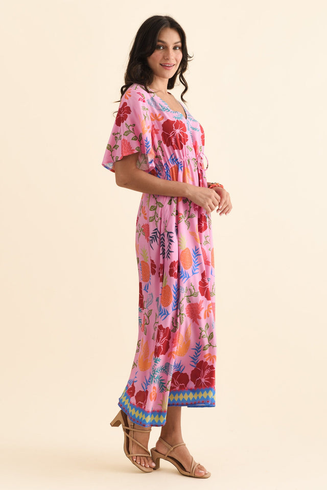 Jennifer Pink Tropical Flutter Sleeve Dress,Brunette model,alt text|model:Brontie image 5