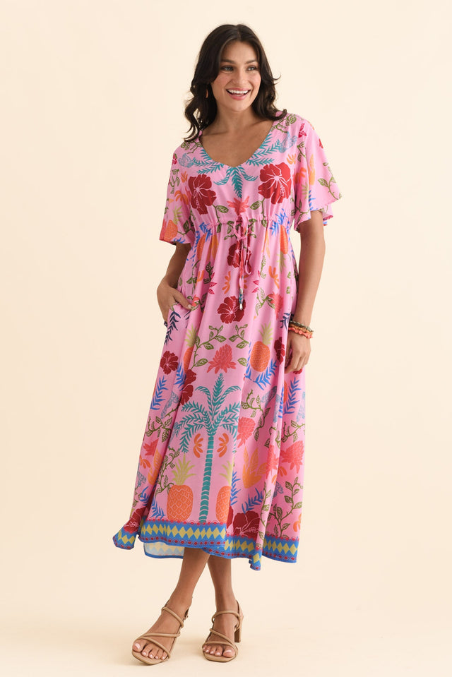 Jennifer Pink Tropical Flutter Sleeve Dress,Brunette model,alt text|model:Brontie image 4