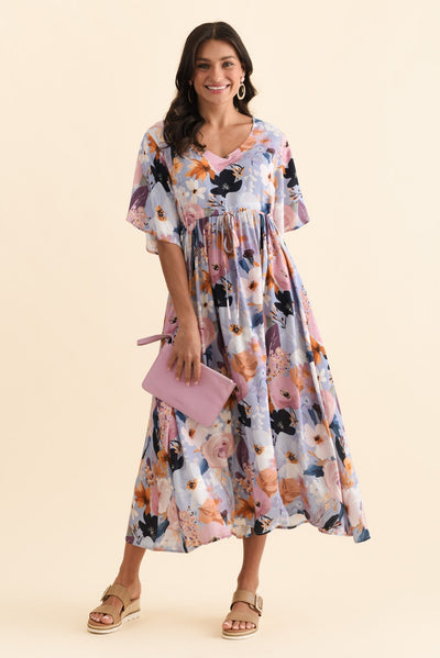 Jennifer Purple Garden Flutter Sleeve Dress