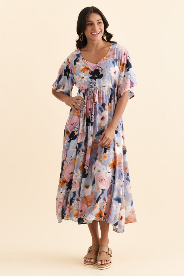 Jennifer Purple Garden Flutter Sleeve Dress,Brunette model,alt text|model:Brontie image 3