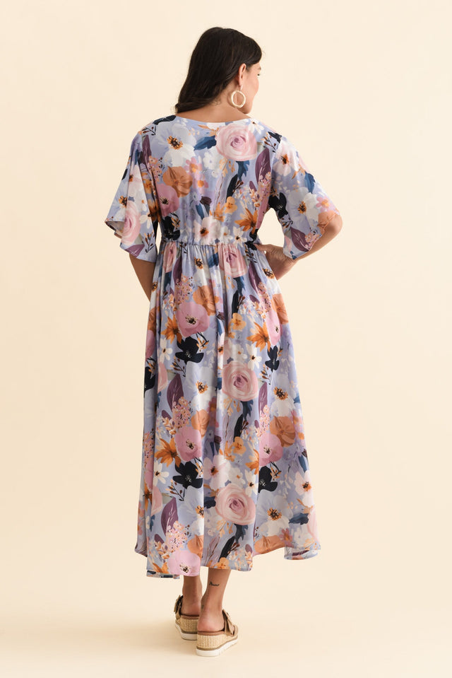 Jennifer Purple Garden Flutter Sleeve Dress,Brunette model,alt text|model:Brontie image 5