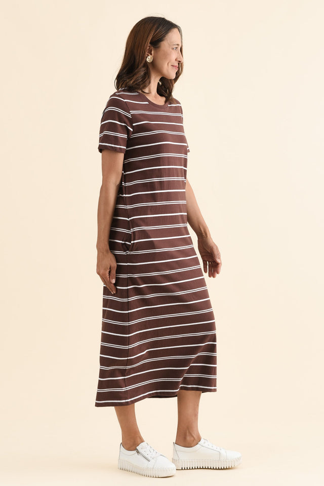 Jessa Chocolate Stripe Cotton Pocket Dress,Side,Brunette model,alt text|model:Cara image 3