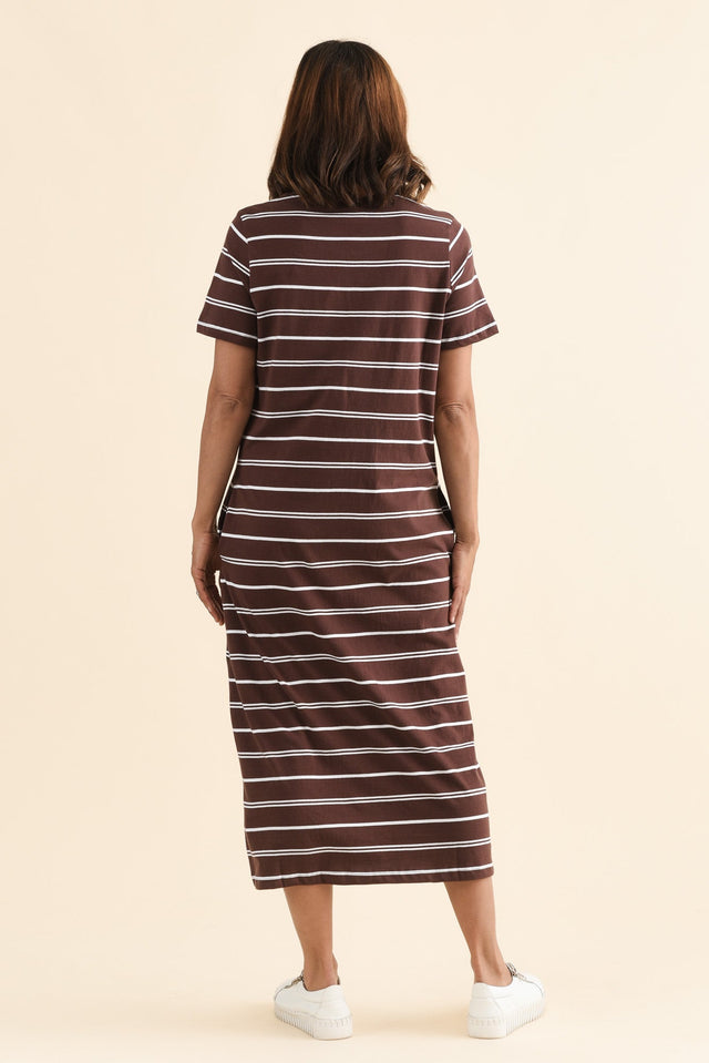 Jessa Chocolate Stripe Cotton Pocket Dress,Back,Brunette model,alt text|model:Cara image 4