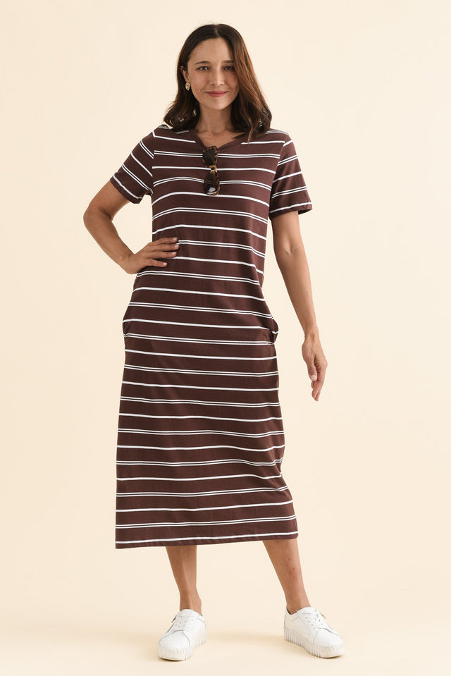 Jessa Chocolate Stripe Cotton Pocket Dress,Front,Brunette model,alt text|model:Cara