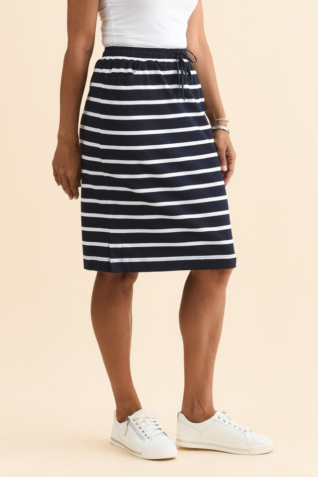 Johnnie Navy Stripe Cotton Drawstring Skirt,Brunette model,alt text|model:Cara image 3