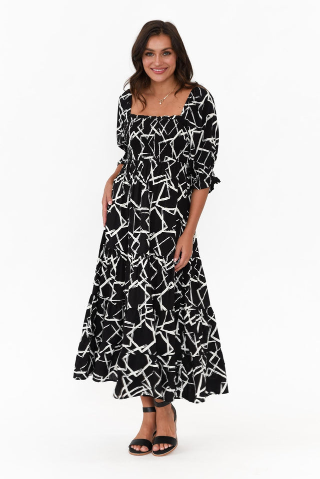 Jonathan Black Geo Shirred Maxi Dress,Brunette model,alt text|model:Brontie image 7