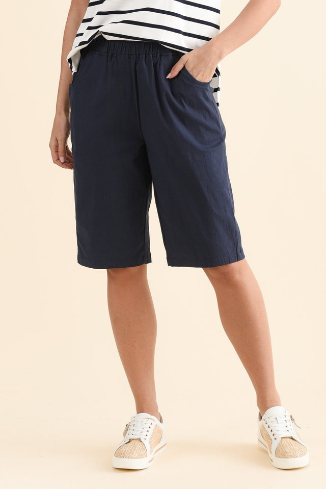 Jora Navy Pocket Shorts,Front,Brunette model,alt text|model:MJ image 1