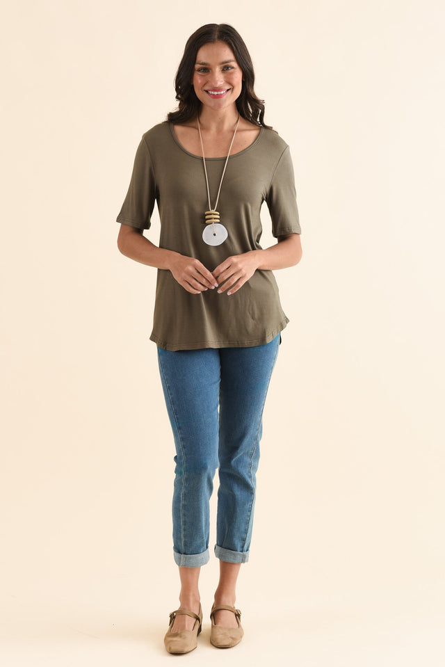 Josephine Khaki Scoop Neck Tee,Full Body,Brunette model,alt text|model:Brontie