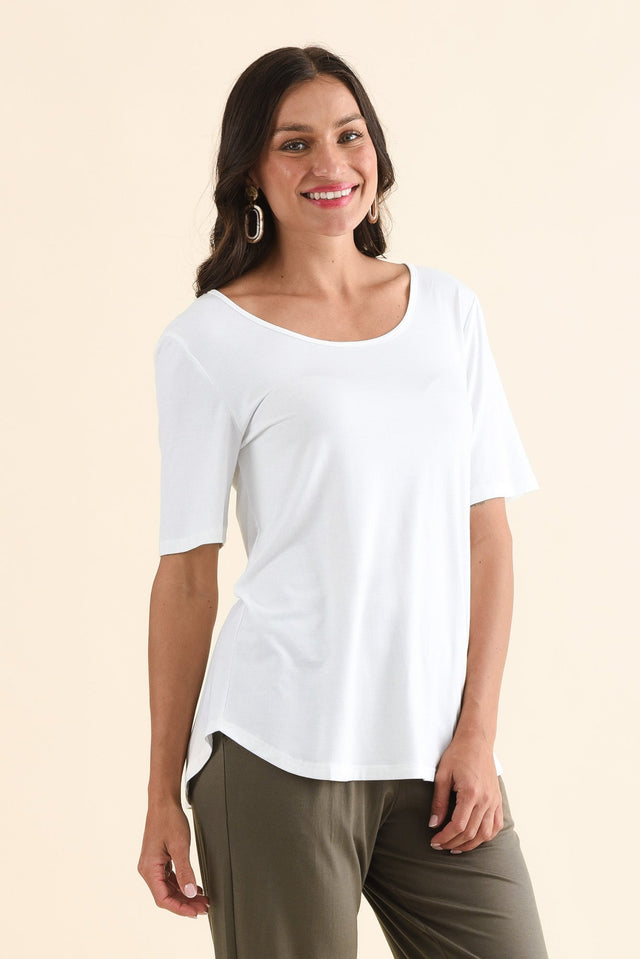 Josephine White Scoop Neck Tee,Side,Brunette model,alt text|model:Brontie image 3