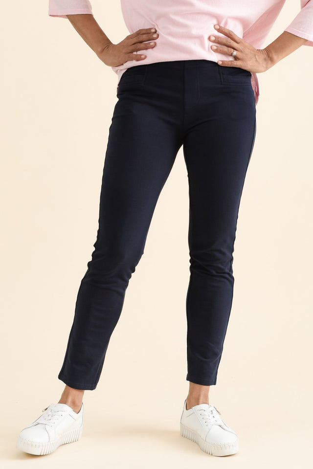 Jove Navy Cotton Stretch Pants,brunette model,Front of Outfit,alt text|model:Cara image 1