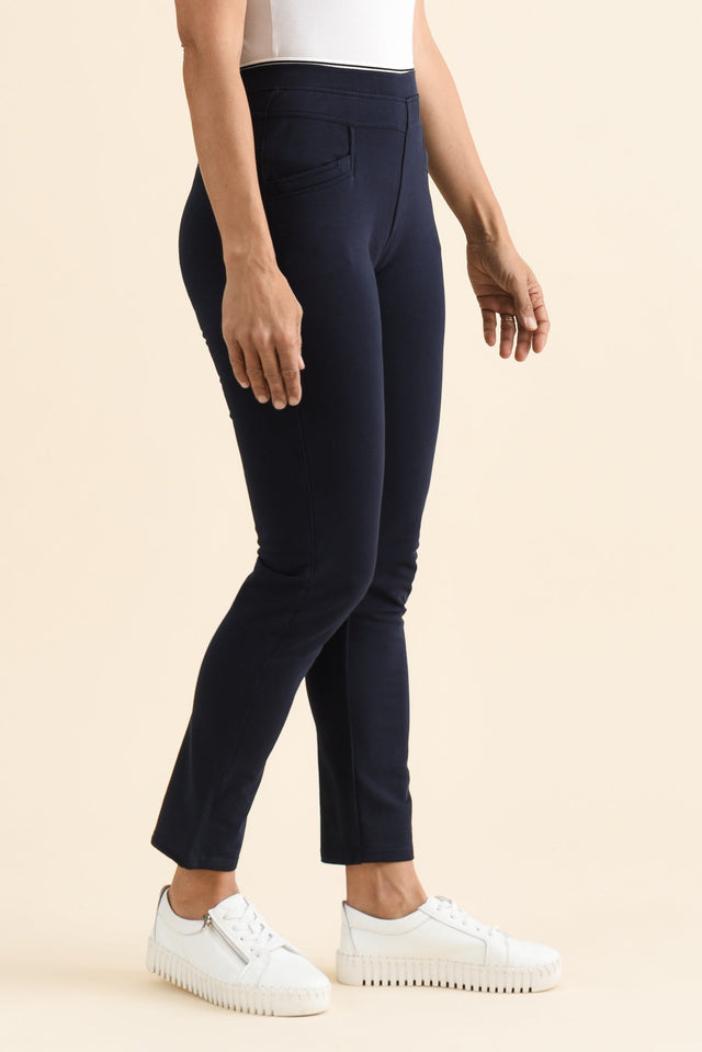 Jove Navy Cotton Stretch Pants,brunette model,Side of Outfit,alt text|model:Cara image 3