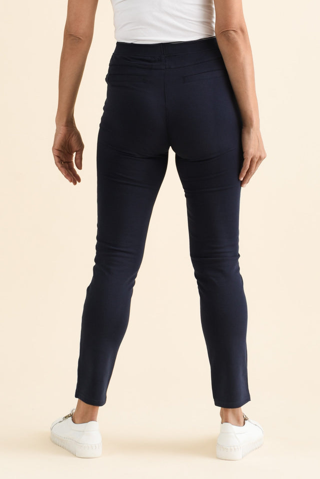 Jove Navy Cotton Stretch Pants,brunette model,Back of Outfit,alt text|model:Cara image 4