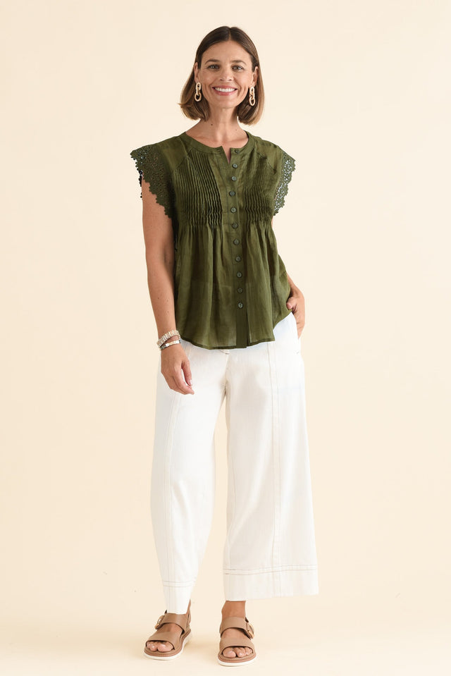 Jude Green Embroidered Button Top,Full Body,Brunette model,alt text|model:Laura