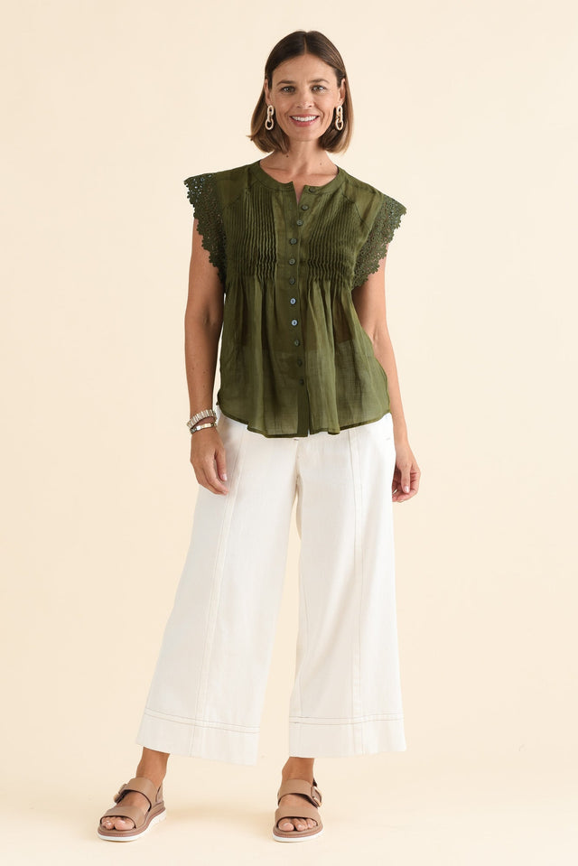 Jude Green Embroidered Button Top,Full Body,Brunette model,alt text|model:Laura image 6