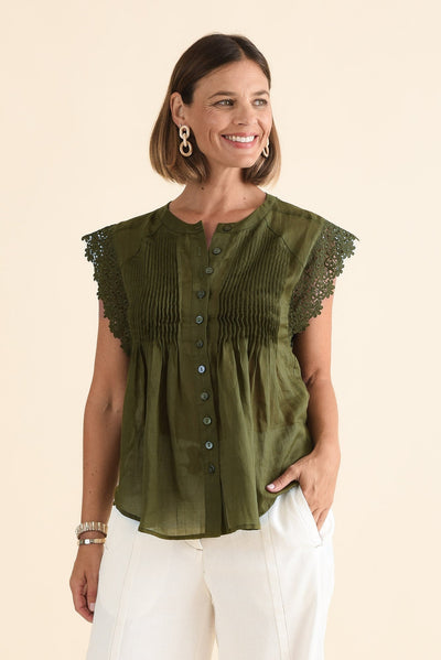 Jude Green Embroidered Button Top