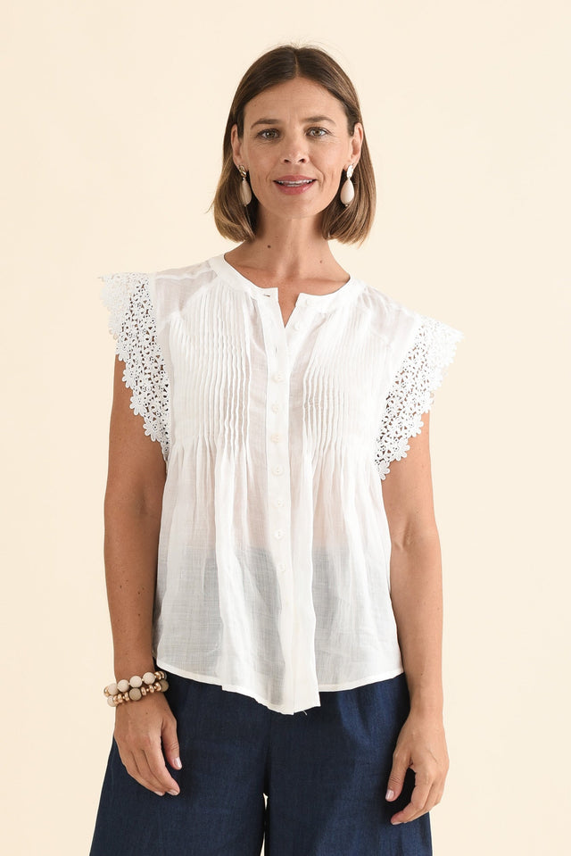 Jude White Embroidered Button Top,Front,Brunette model,alt text|model:Laura image 1