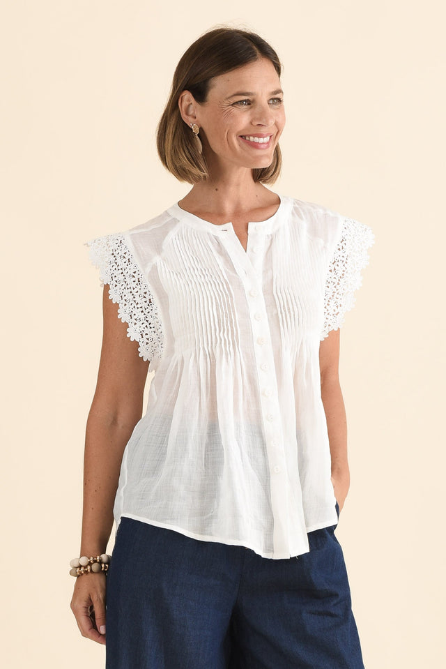 Jude White Embroidered Button Top,Side,Brunette model,alt text|model:Laura image 3