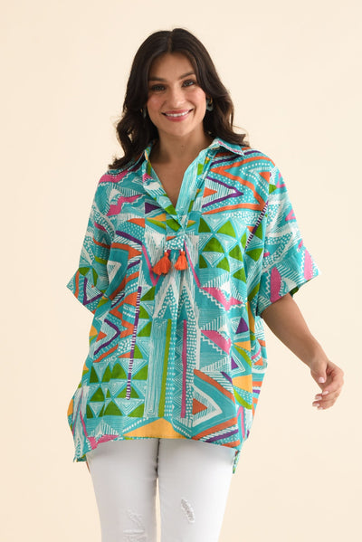 Julie Aqua Abstract Cotton Tassel Top