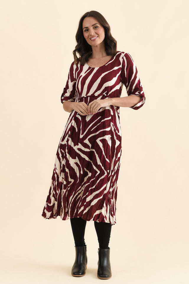 Juna Burgundy Abstract Crescent Dress,Full Body,Brunette model,alt text|model:MJ image 7