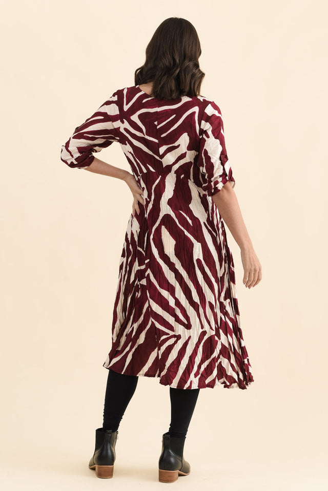 Juna Burgundy Abstract Crescent Dress,Back,Brunette model,alt text|model:MJ image 5