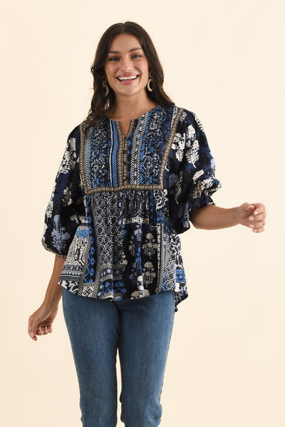 Jura Blue Motif Frill Sleeve Top