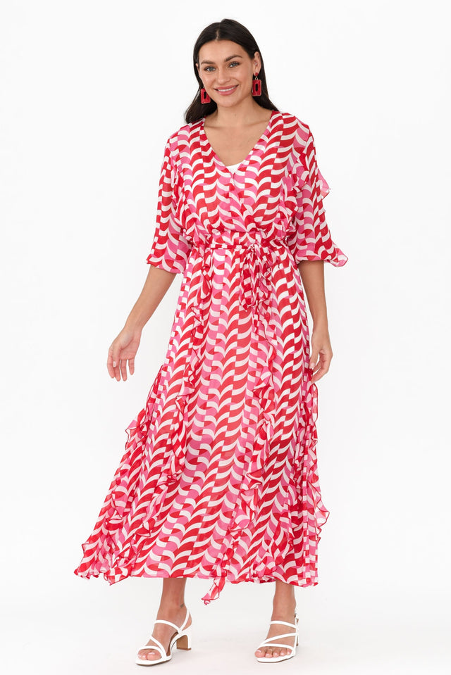 Just Love Pink Geo Ruffle Dress,Brunette model,alt text|model:Brontie image 3