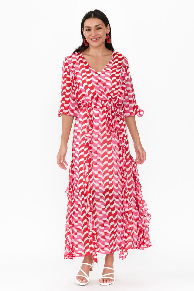 Just Love Pink Geo Ruffle Dress,Brunette model,alt text|model:Brontie image 7
