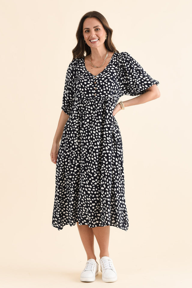 Kacey Navy Spot Button Dress,Front,Brunette model,alt text|model:MJ image 1