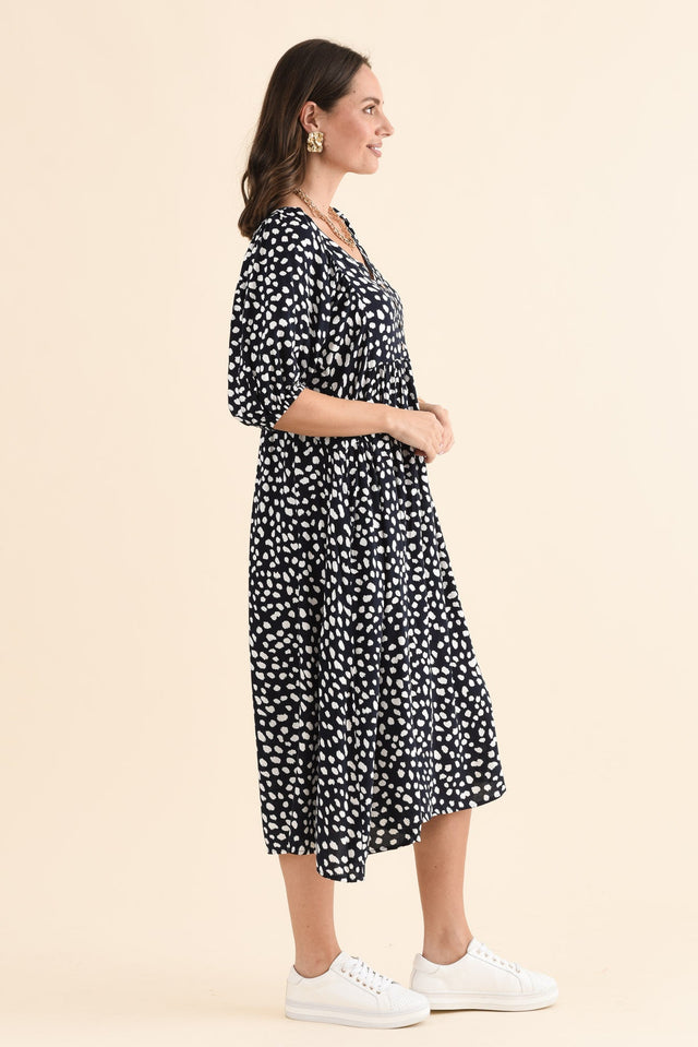 Kacey Navy Spot Button Dress,Side,Brunette model,alt text|model:MJ image 3