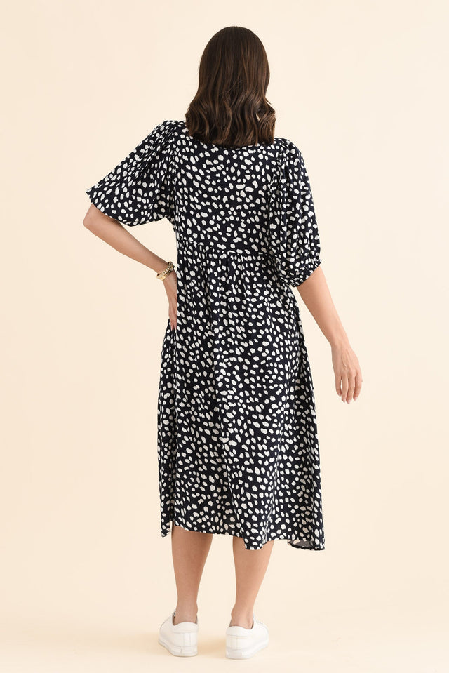 Kacey Navy Spot Button Dress,Back,Brunette model,alt text|model:MJ image 4