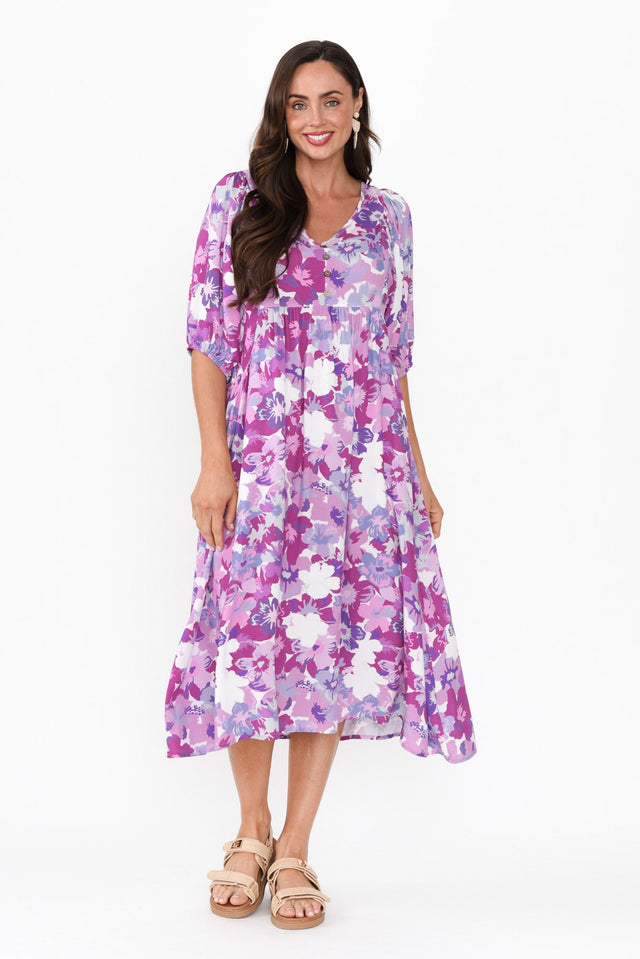 Kacey Purple Floral Button Dress,Brunette model,alt text|model:Elouise image 7