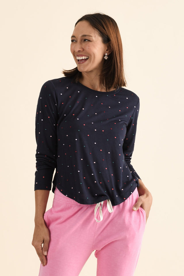 Kaja Navy Spot Long Sleeve Tee,brunette model,Front of Outfit,alt text|model:Cara