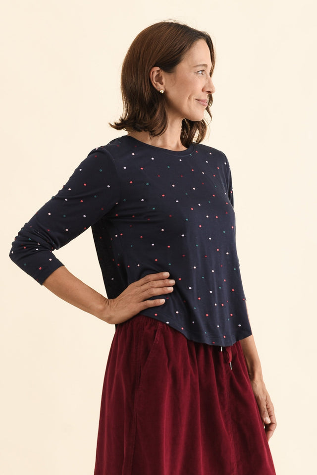 Kaja Navy Spot Long Sleeve Tee,Side,Brunette model,alt text|model:Cara image 4