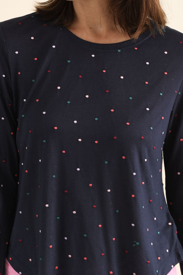 Kaja Navy Spot Long Sleeve Tee,brunette model,Close up of outfit,alt text|model:Cara image 6