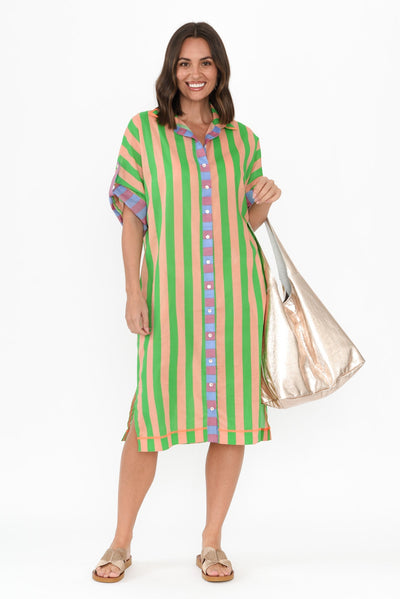 Kalinda Green Stripe Cotton Shirt Dress